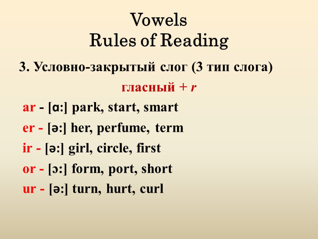Vowels Rules of Reading 3. Условно-закрытый слог (3 тип слога) гласный + r ar
